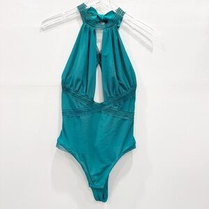 Oh La La Cheri Paris Plunging Neckline Teal Teddy Halter Tie Neck Open Back